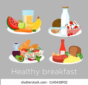 Vector Illustration Set Of Different Types Of Healthy Breakfast Food In Cartoon Style. Lunch Coffee, Porridge,orange And Morning Nutrition, Delicious Fruits, Bread.