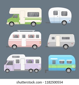 Vector illustration set of different types camping trailers, travel mobile home. Trailers for travel collection isolated on grey color background in flat cartoon style.