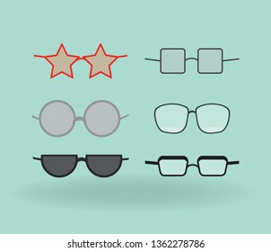 Vector illustration. Set of different types of eyeglasses with different shapes.