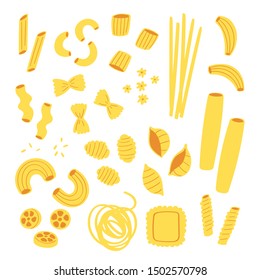 Vector illustration set of different types of pasta. Hand drawn traditional food in cuisine of Italy isolated on white background use for cooking books, restaurant menu, posters, banners, labels