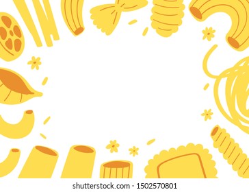 Vector illustration set of different types of pasta. Hand drawn traditional food in cuisine of Italy isolated on white background use for cooking books, restaurant menu, posters, banners, labels