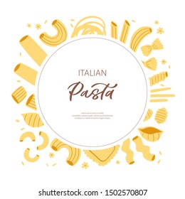 Vector illustration set of different types of pasta. Hand drawn traditional food in cuisine of Italy isolated on white background use for cooking books, restaurant menu, posters, banners, labels