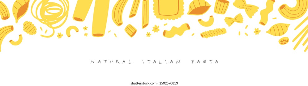 Vector illustration set of different types of pasta. Hand drawn traditional food in cuisine of Italy isolated on white background use for cooking books, restaurant menu, posters, banners, labels