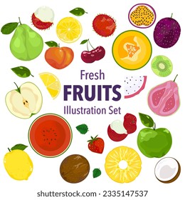 Vector illustration set of different types of fresh fruits and vegetables icons in white background circle shape.