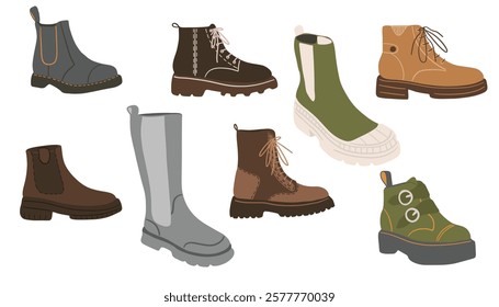 Vector illustration of a set of different types of boots and shoes. casual women footwear flat vector illustrations set