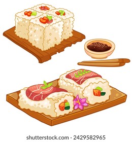 Vector illustration of a set of different uramaki sushi roll for banners, cards, flyers, social media wallpapers, etc.