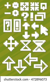 A vector illustration Set of different white pixel font symbols