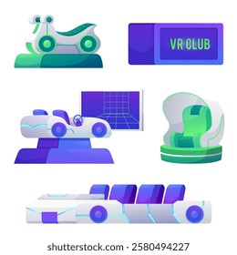 Vector illustration of a set with digital equipment for a virtual reality amusement park. Interactive devices: cars, chairs, motorcycles for games and leisure. Metaverse. Isolated background.