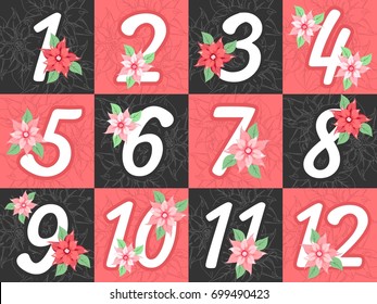 Vector illustration of a set of digits in the calendar calendar decorated with a Christmas flower
