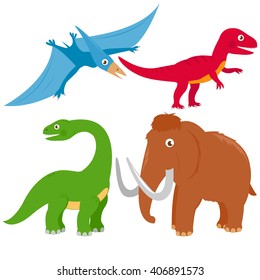 Vector illustration set of dinosaurs. Pterodactyl, Brontosaurus, apatosaurus, mammoth and tyrannosaurus.