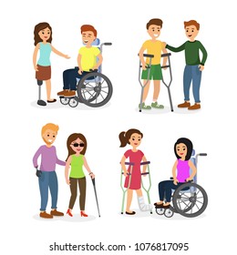 Vector illustration set of disabled people and handicapped with people in wheelchairs on crutches blind woman in flat cartoon style.