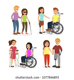 Vector illustration set of disabled people with friends, walking and speaking happy young people with wheelchair and crutches in cartoon flat style.