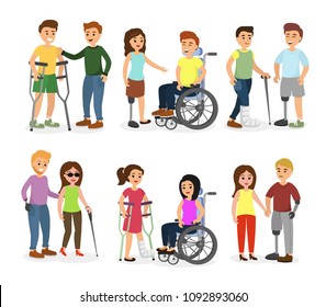 Vector illustration set of disabled people and friends helping them, talking, walking and smiling happy people in cartoon flat style.