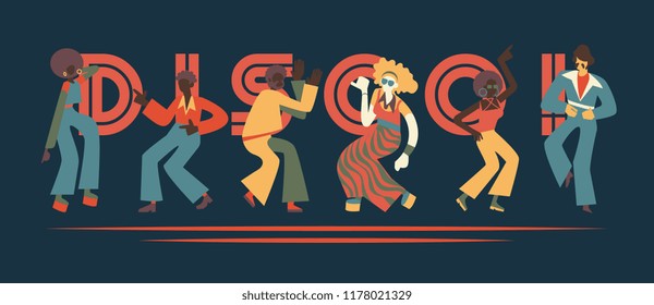 Vector Illustration Set Of Disco Dancing People With Retro Clothes And Hairstyles In Flat Cartoon Style Isolated On Dark Background With Sign. Party Or Nightclub Dancers In 70s Fashion Style.