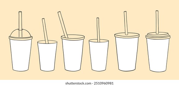 Vector illustration set of disposable coffee and tea paper and plastic cups