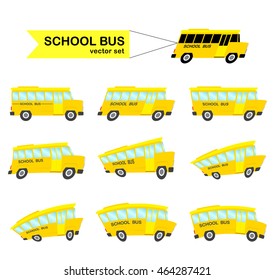 Vector illustration: Set of distorted yellow School Buses isolated on white background. Back to School.