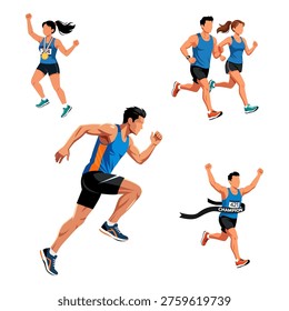 Vector illustration set of diverse athletes in running and workout actions, including a muscular sprinter, champions celebrating with a medal and finish line, and a hurdler. Clear flat style isolated on white.