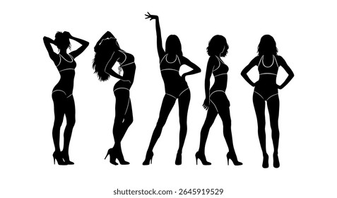ilustração vetorial: Conjunto de diversas silhuetas femininas em biquíni de maiô e salto alto em várias poses elegantes contra um fundo branco
