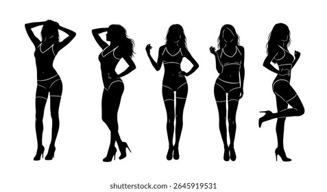 vector illustration: Set of diverse female silhouettes in swimwear bikini and high heels stand in various stylish poses against a white background