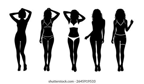 vector illustration: Set of diverse female silhouettes in swimwear bikini and high heels stand in various stylish poses against a white background