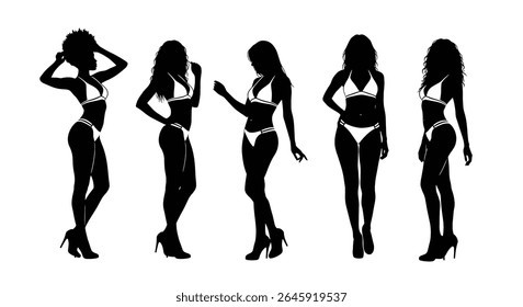 ilustração vetorial: Conjunto de diversas silhuetas femininas em biquíni de maiô e salto alto em várias poses elegantes contra um fundo branco