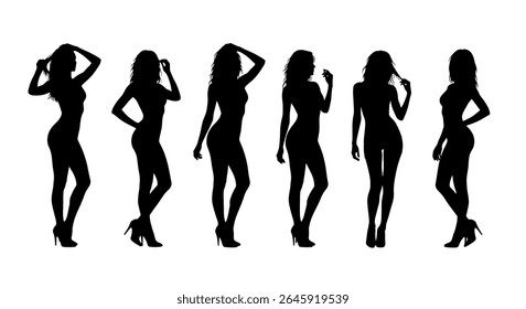 ilustração vetorial: Conjunto de diversas silhuetas femininas em biquíni de maiô e salto alto em várias poses elegantes contra um fundo branco