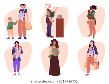 Conjunto de Ilustración vectorial de diversas madres que llevan bebés en varios portadores. Incluye a las madres que sostienen a los bebés mientras van de compras, cocinan y están de pie con los niños.