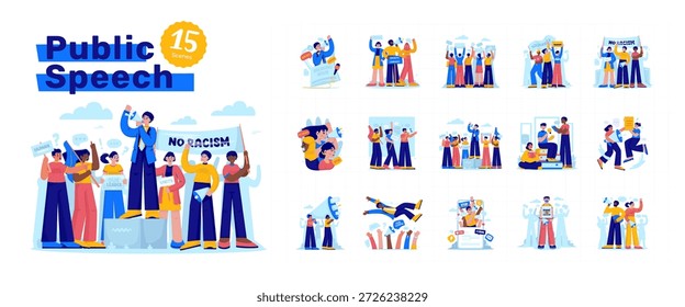 Ilustración vectorial de personas diversas que expresan opiniones en discursos públicos, protestas pacíficas, activismo social y movimientos democráticos. Diseño plano