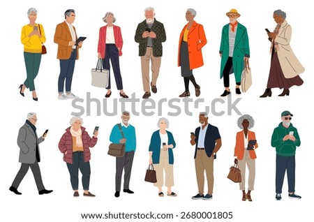 Vector illustration set of diverse senior men and women in autumn outfits, using smartphones and tablets, standing and walking, full-length, isolated on white background