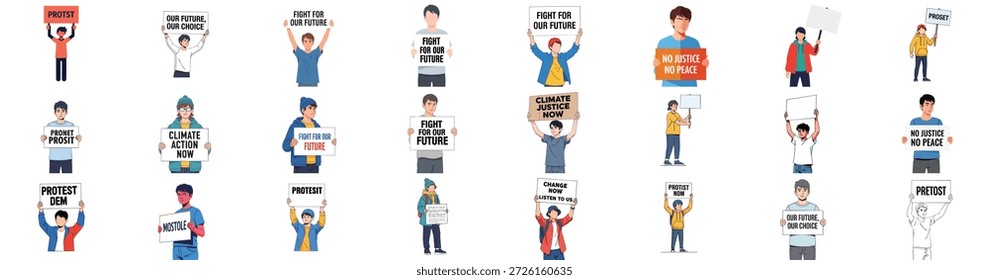 Vector illustration set of diverse young people protesting with signs for climate action, social justice, and fighting for their future.