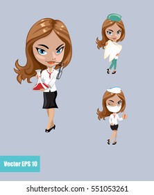 Vector illustration. Set of doctors or nurse in different poses.