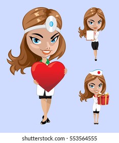 Vector illustration. Set of doctors or nurse in different poses.