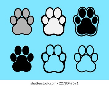 conjunto de ilustraciones vectoriales de iconos de la huella de la pata de perro y gato en fondo azul