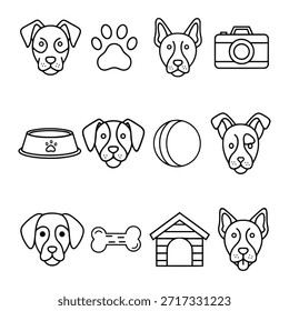 Ilustração vetorial conjunto de ícones de cães, incluindo cabeças, pata, câmera, tigela, bola, osso e casa de cachorro