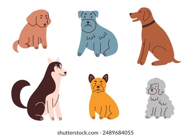 Vector illustration set of dogs, puppies of various breeds, bulldog, husky, schnauzer, poodle. Cute and cartoon style animals for veterinary themes, grooming salons, pet lovers. Flat icon collection