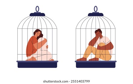 Vector illustration with a set of domestic birds including parrots, goldfinch, canary and nightingale. Additional accessories for the cage complement the flat design.