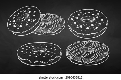 Vector illustration set of Donuts. 
 Chalk drawing isolated on chalkboard background.