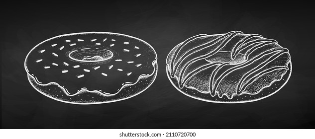 Conjunto de ilustraciones vectoriales de Donuts. Dibujo de almejas aislado en el fondo de la pizarra.