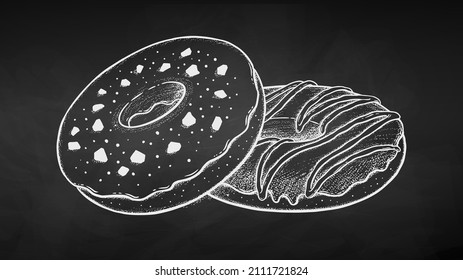 Vector illustration set of Donuts. Chalk drawing isolated on chalkboard background.