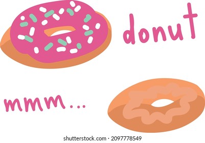 Vector illustration. A set of donuts with icing and inscriptions. Food, delicious, sweet