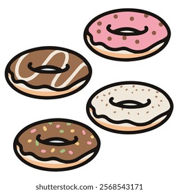 vector illustration of set of donuts with various topping, donuts set cartoon drawing, isolated on white background