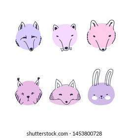 Vector illustration with set of doodle animals. Children hand drawn illustration with doodle pets. Bright color trendy design for print, textile, postcard, advertising, kid design