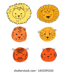 Vector illustration with set of doodle animals. Children hand drawn illustration with doodle pets. Bright color trendy design for print, textile, postcard, advertising, kid design