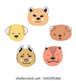 Vector illustration with set of doodle animals. Children hand drawn illustration with doodle pets. Bright color trendy design for print, textile, postcard, advertising, kid design