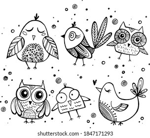 Vektorgrafik-Set von Doodle-Vögeln / Aufklebern / zum Bedrucken von KinderSouvenirs