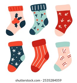 Vektorgrafik-Set von doodle Weihnachtssocken für digitalen Stempel, Grußkarte, Aufkleber, Symbol, Design