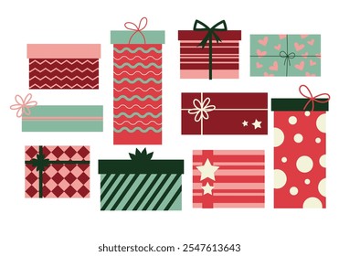 Conjunto de Ilustración vectorial de doodle regalos de Navidad, regalos de Año Nuevo, cajas de regalo con cintas, Ilustración vectorial en estilo plano