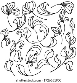 vector illustration, set of doodle elements in black, stylized plants with swirls, isolate on a white background
