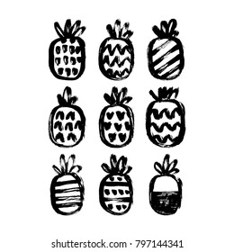Vector illustration, set of doodle hand drawn pineapples.