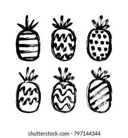 Vector illustration, set of doodle hand drawn pineapples.